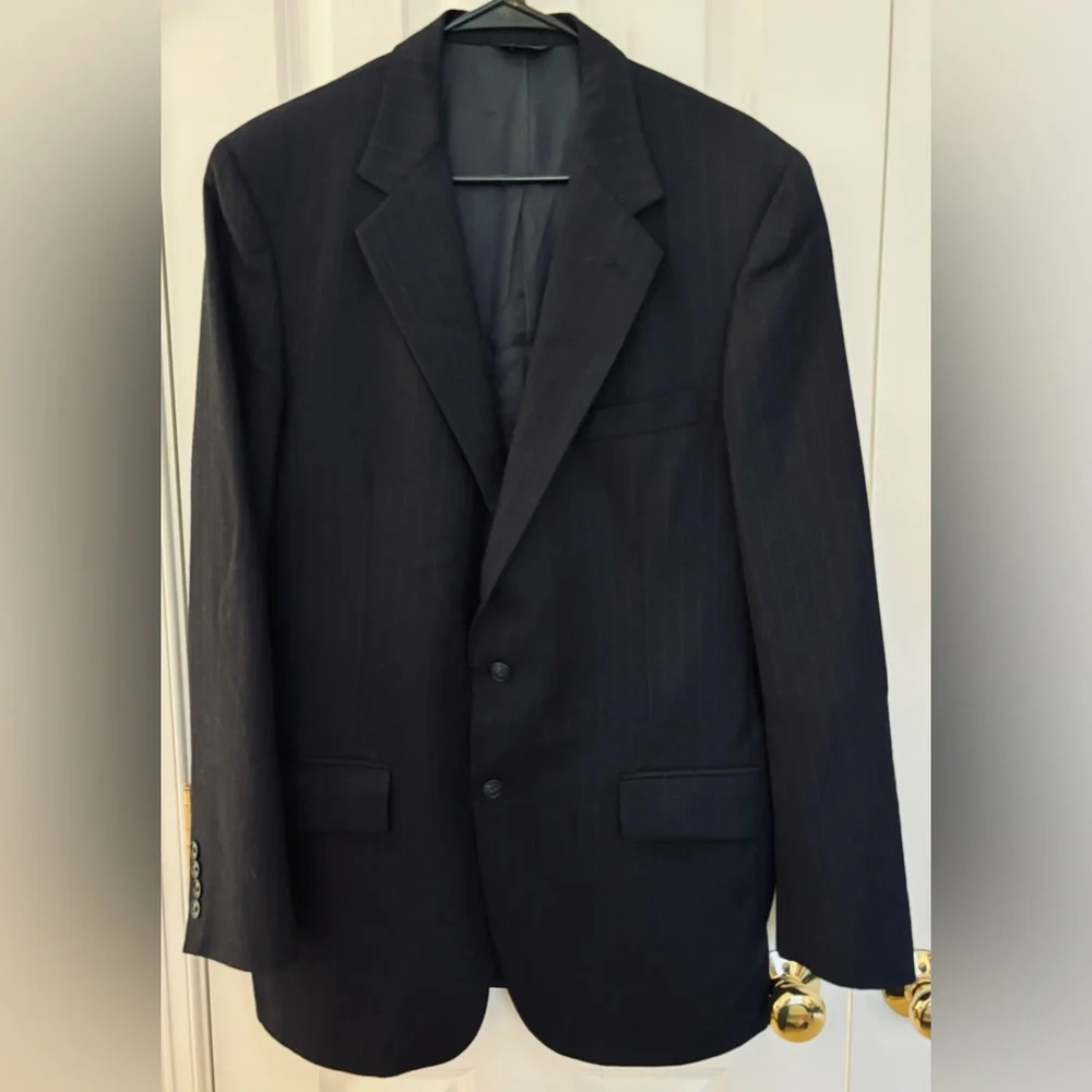Jeffrey Banks blazer jacket sport coat navy subtle pinstripe wool 42L office EUC